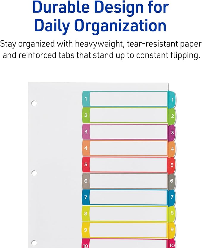Avery Dividers for 3 Ring Binders,10 Tabs per Set,Customizable Table of Contents,Multicolor Arched Tabs,Great for Organizing Reports,Projects,and More (11842),(Pack of 2)