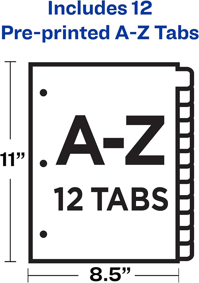 Avery Plastic A-Z 12-Tab Dividers for 3 Ring Binders, Pre-Printed Multicolor Tabs, 1 Set (11330)