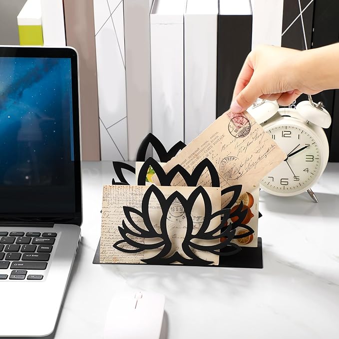 Lotus Desktop Mail Organizer Lotus Shaped Mail Holder Countertop Black Metal File Letter Holder Letter Sorter for Envelope Document Paper Book Magazine Storage Office Home