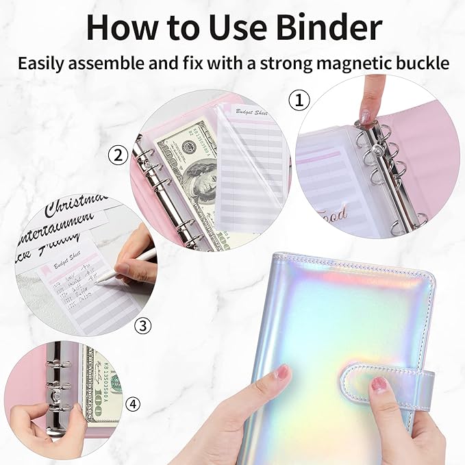 Sooez Laser Silver Money Organizer for Cash, A6 Budget Binder with Cash Envelopes, 39 Black Bold Sticky Labels & 24 Colorful Budget Sheets, Money Saving Binder for Budgeting
