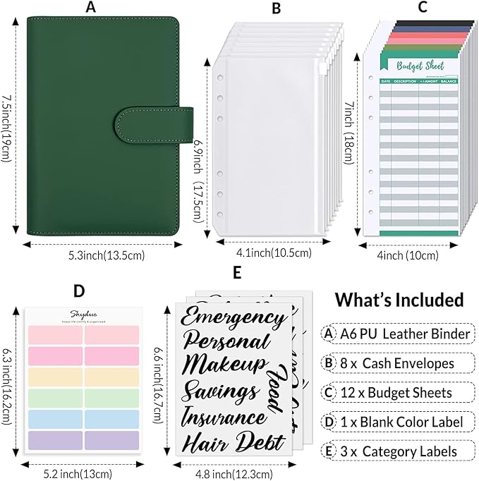 SKYDUE Budget Binder, Money Saving Binder with Zipper Envelopes, Cash Envelopes and Expense Budget Sheets for Budgeting (DarkGreen)