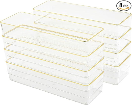 Martha Stewart Kerry Plastic Stackable Office Desk Drawer Organizers, 9" x 3", 8 Pack, with Gold Trim