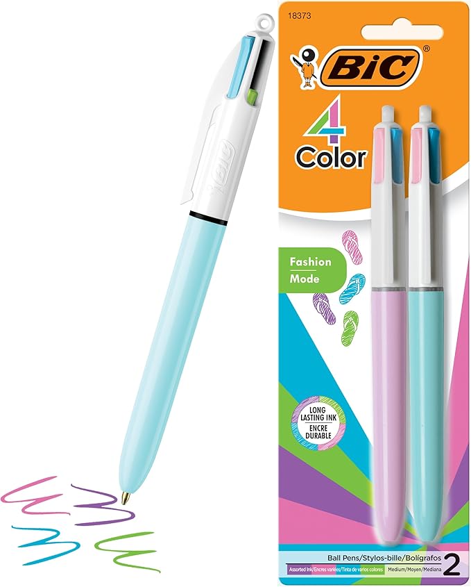 BIC 4 Color Fashion Retractable Ballpoint Pen with 1.0 mm Medium Point and Assorted Ink, 2-Count Pack in Multicolor