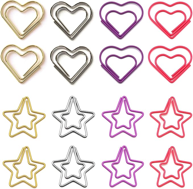 Hesena 200 Pcs Cute Paper Clips Set, 100 Pcs Heart & 100 Pcs Star Shaped Shape Paper Clipss, for Office and Home (Heart Shape+Star Shape)