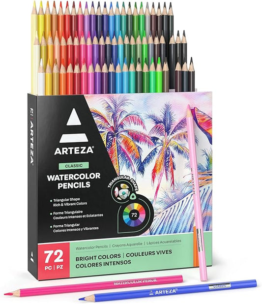 ARTEZA 72 Watercolor Pencils, Water Color Pencils in Assorted Shades, Triangular Shape Drawing Pencils