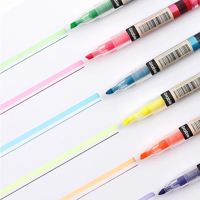 Grabie Dual Tip Notetaking Pens (3.5mm Chisel + 0.5mm Needle), Dual Tip Highlighter Markers for Journaling, Colored Pens for Note Taking and Adult Coloring Books (2 value pack)