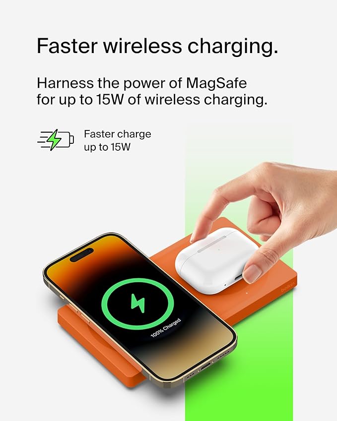 Belkin 2-in-1 Wireless Charging Pad with MagSafe 15W, Fast Charging iPhone Charger - Wireless Charging Station for iPhone 17, 16, 15, and 14 Series, AirPods, and Other MagSafe Enabled Devices - Orange