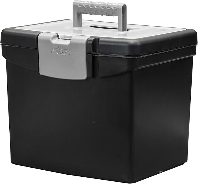 Storex 61504B02C Portable File Box with XL Lid, 11 x 13-1/2 x 11 Inches, Black