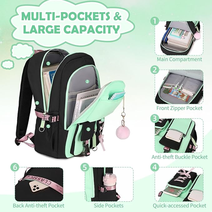 Backpacks for Girls, Girls Backpack with Lunch Box and Pencil Case for Teen Kids Elementary Middle High School College Student, Children Backpack Bookbag with USB Charging Port (Black Green)