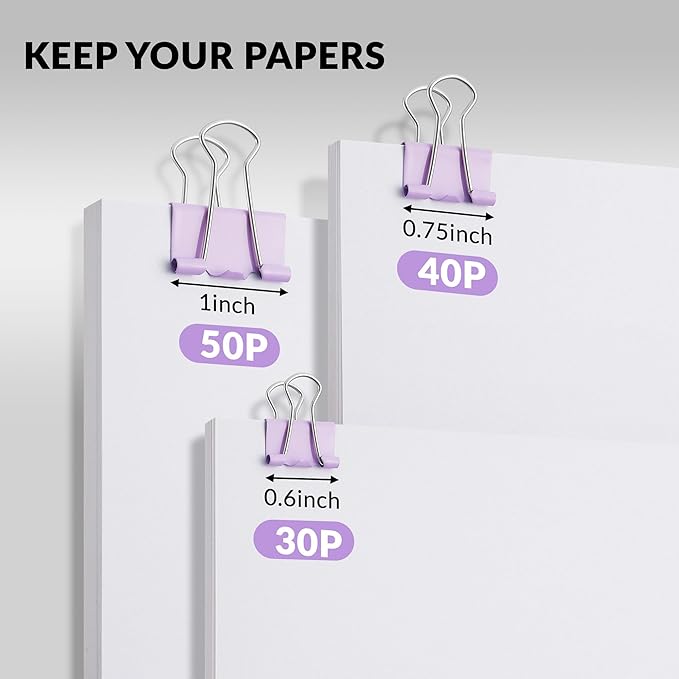 NEEWAY 100 Count Binder Clips Assorted Sizes, Paper Binder Clips (0.6inch 0.75inch 1inch), Metal Paper Clamps for Office and Home (Purple)