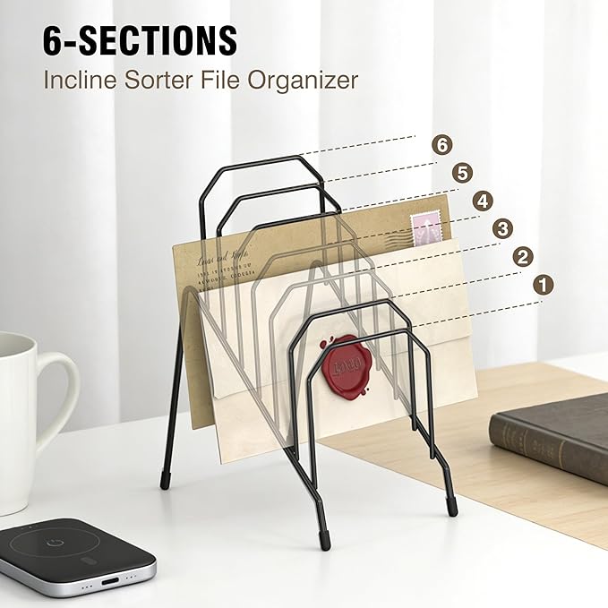 Incline Desk Mail Organizer, Mail Sorter Letter Organizer Rack with 6-Section Vertical Compartments Rack for Letters, Postcards, Brochures, Mail Holder for Office, Home, School (4 Pack)
