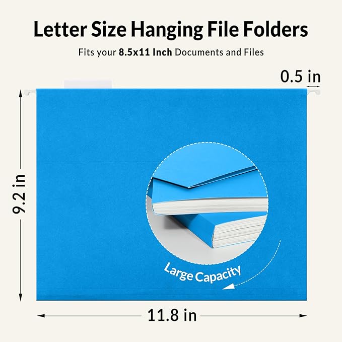 SUNEE 25 Pack Hanging File Folders, Blue Folders, Hanging File Folders Letter Size with 1/5-cut Tabs, Stay Organized for Your Home and Office Bulk File and Documents