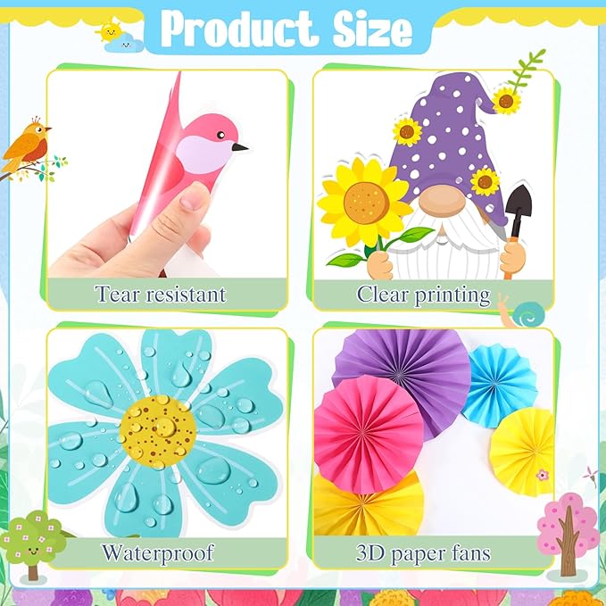 Eersida Spring Bulletin Board Decorations with Paper Fans St Patricks Day 3D Classroom Bulletin Board Christian Easter Flower Bunny Cutouts School VBS Library Church Window Wall Decor(Gnome)
