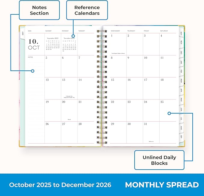 Blue Sky 15 Month 2026 Weekly and Monthly Planner Calendar, October 2025 - December 2026, 5" x 8", Hard Cover, Durable Twin Wire Binding, Laminated Tabs, Storage Pocket, Includes Ruler, Sticky Notes & Stickers, Rainbow Ink