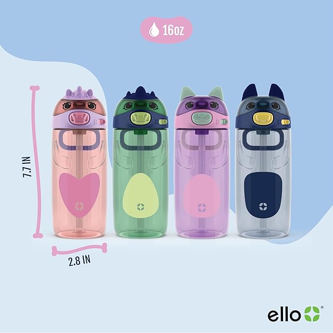Ello Ellies 16oz Plastic Kids Water Bottle with Straw and Built-in Carrying Handle and Leak-Proof Locking Lid for School backpack, Lunchbox and Outdoor Sports, Dog