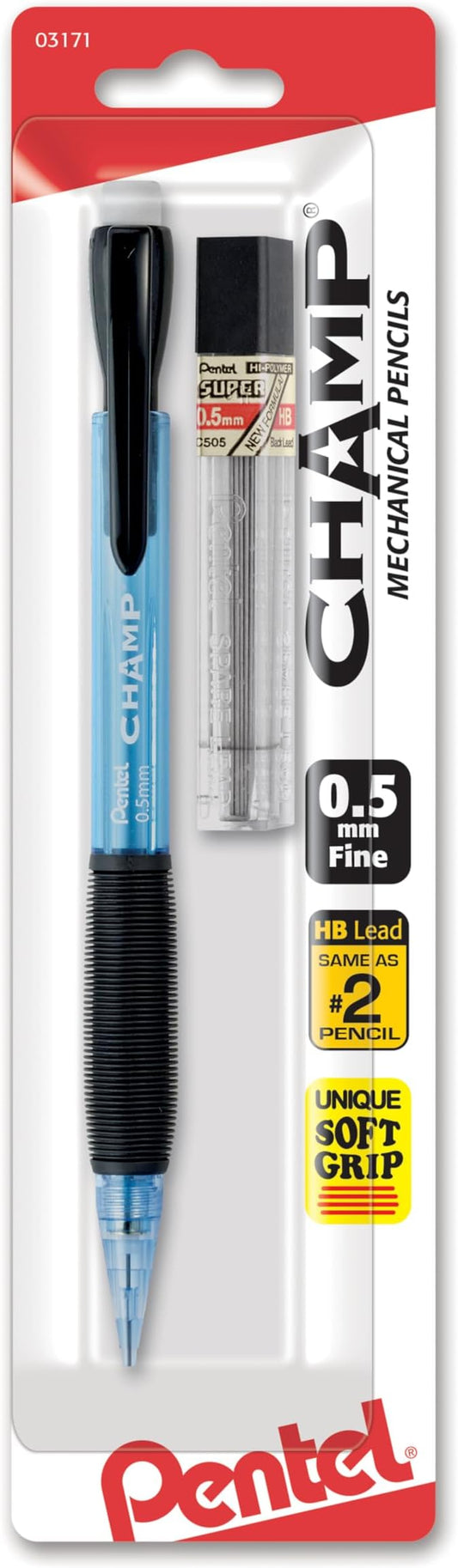 Pentel Champ Starter Set Automatic Pencil with Lead, (0.5mm), Assorted Barrels, 1 Pack, Barrel Color May Vary (ACEBP)