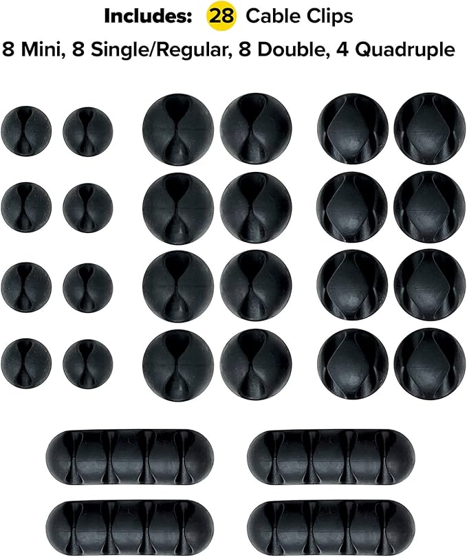 Wrap-It Storage Cable Clips - (Assorted 28-Pack) Black - Desk and Nightstand Cable Holder for Phone and Bedside Table Cord Organizer