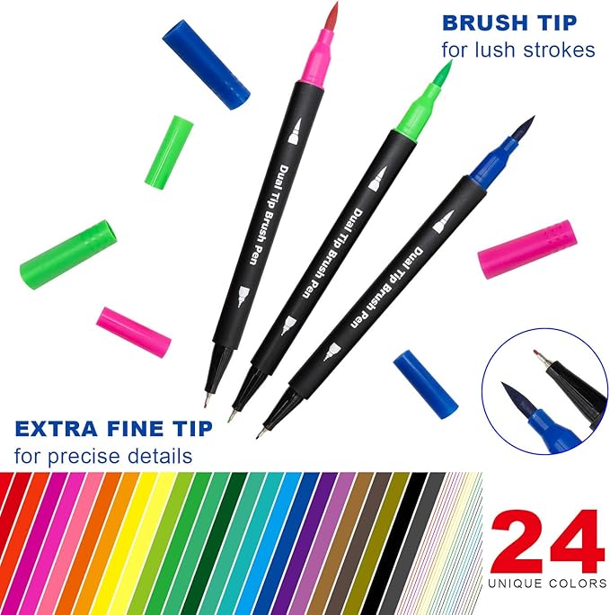 Dual Brush Marker Pens,24 Colored Markers,Fine Point and Brush Tip for Adult Coloring Books Bullet Journals Planners,Note Taking Coloring Writing
