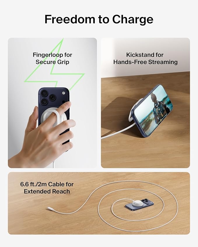Belkin MagSafe Charger, Magnetic iPhone Charger w/ Qi2 25W, Fast Wireless Charging Pad w/Kickstand for iPhone 17 Series, Samsung Galaxy, Pixel 10, AirPods Pro, Travel - No Power Adapter, White