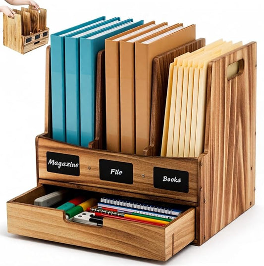 Wooden Desk File Organizer, Desktop Document Folder Holder with 3 Compartments and 1 Drawer, Desk Organizer Binder Rack with Chalkboard Label, Magazine Storage Box Mail Sorter for Office Home