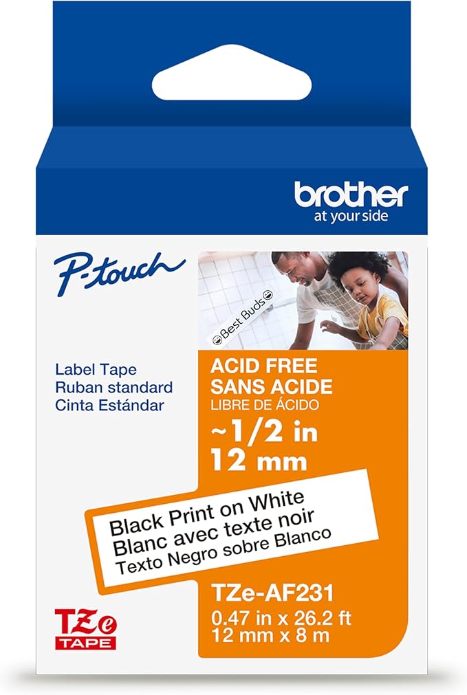Brother Genuine P-Touch TZe, Black Print on White Label Tape (TZeAF231), Acid-Free Laminated,1/2in x 26.2ft (12mm x 8m) for Select P-Touch Label Makers, Durable, for Scrapbooking, Photo-Safe