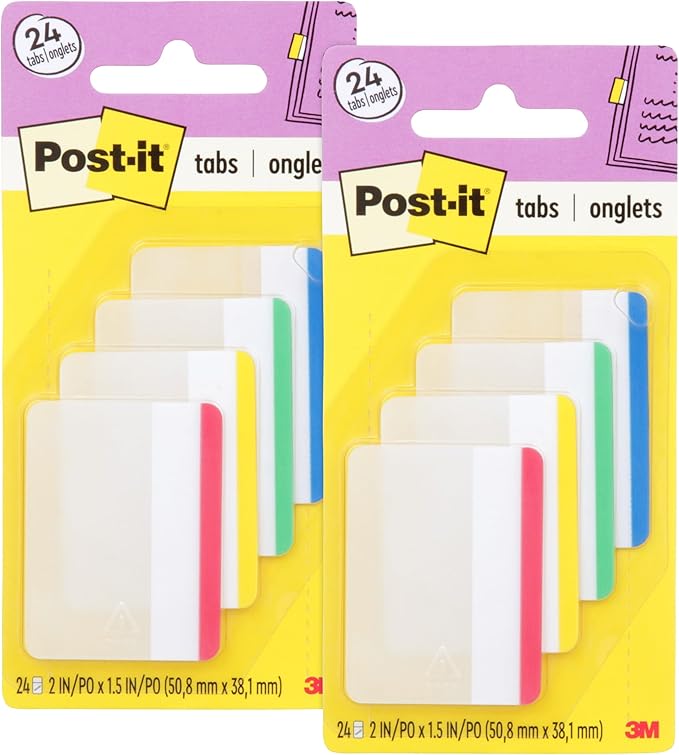 Post-it Tabs, 2 in, Lined, Assorted Primary Colors, 6 Tabs/Color, 4 Colors, 24 Tabs/Pack (686F-1) (Pack of 2)