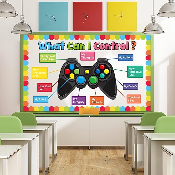 Video Game Theme Classroom Bulletin Board Decorations Set Growth Mindset Mental Health Inspirational Cutouts for School Students Teachers Chalkboard What Can I Control Theme Wall Decor