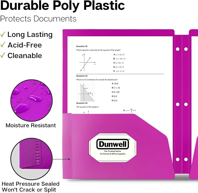 Dunwell Plastic 2-Pocket Folders for 3-Ring Binders, (12 Pack, Assorted Colors) 3 Hole Punched, Divider Folder for Notebook, Durable Poly, Fits 8.5x11 Sheets, Includes Labels