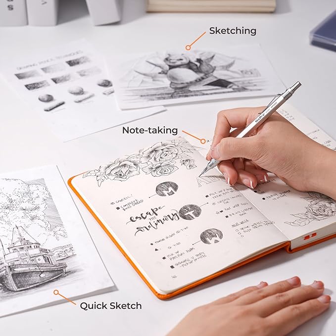 Nicpro 2 PCS Mechanical Pencils 0.5mm & 0.7 mm with Case, MP1000 Metal Artist Pencil Set with 4 Tubes HB Lead Refills, 2 Erasers, 9 Eraser Refills For Art Writing Drafting Drawing, Black & Silver