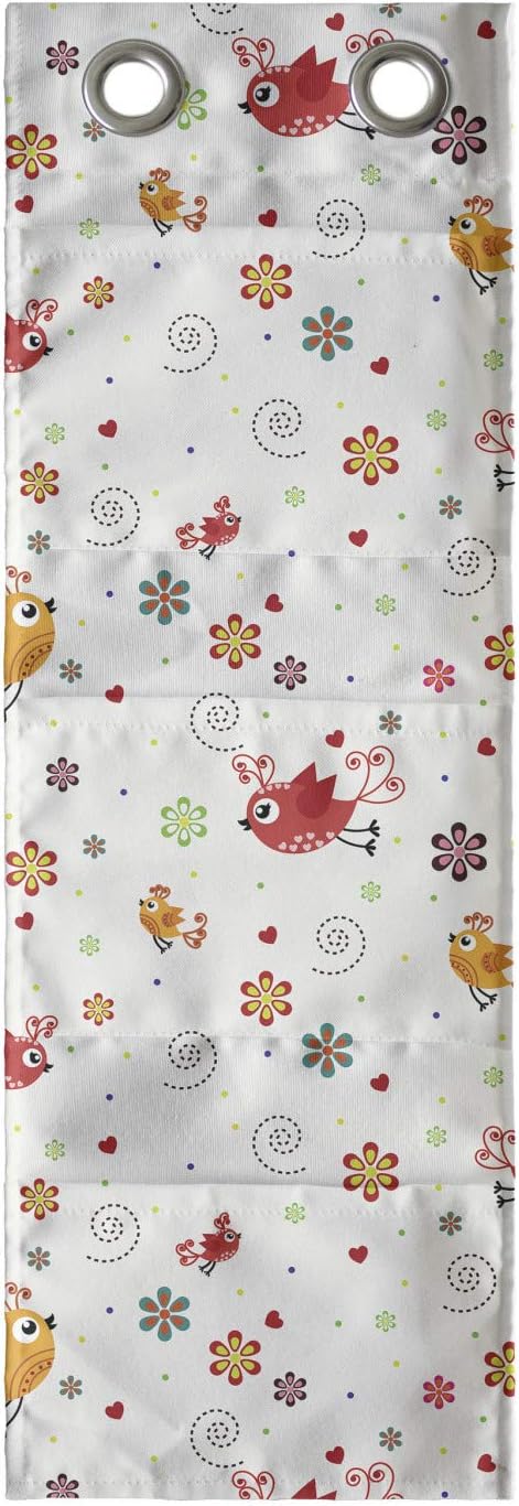 Ambesonne Cartoon Hanging Pocket Organizer, Birds Swirls Flowers and Mini Hearts Nature Inspired Drawing Style Happy Animals, Printed Polyester Storage Bag with Pockets, 9" x 27", Multicolor