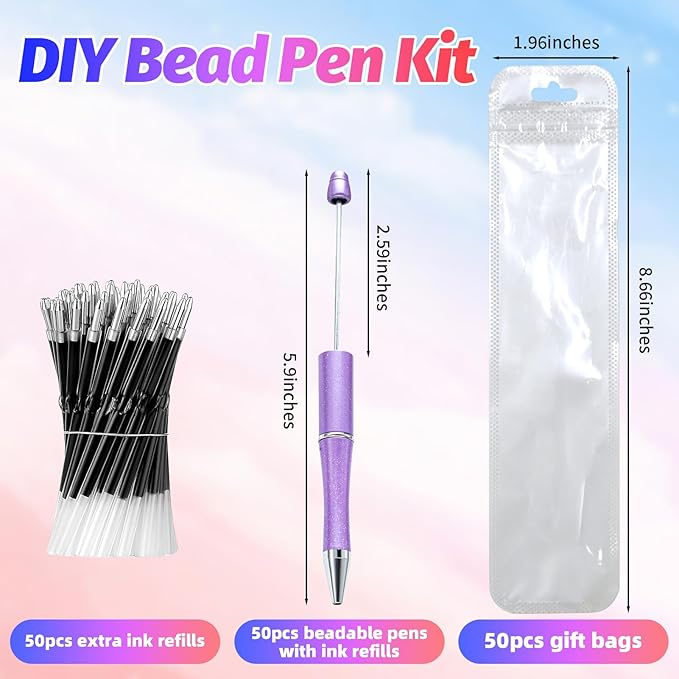 300 Pieces DIY Beadable Pen Kit – 100 Plastic Ballpoint Pens with Refills & Bags – School Supplies, Office Accessories & Decorative Items for Students & Teachers (Dreamy Soft Palette)