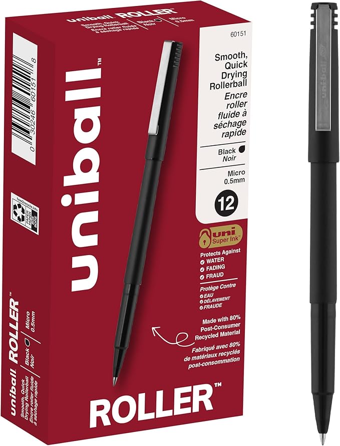 uniball Roller Rollerball Pens, Micro Point (0.5mm), Black, 12 Pack