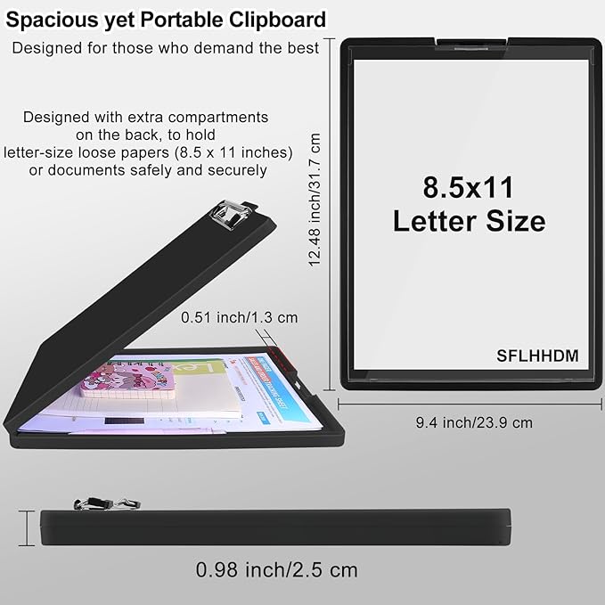 SFLHHDM Clipboard with Storage,Heavy Duty Clip Boards 8.5x11 with 2 Storage Case,Clear Visible Panel Storage Clipboards,Side Opening Nursing Clipboard Folder for Office Supplies-Inky-Black