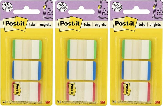 Post-it Tabs with On-The-Go Dispenser, 1-Inch Lined, Green, Blue, and Red, 12-Tabs/Color, 108 tabs/Dispenser