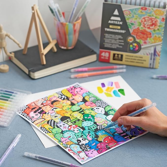 ARTEZA Dual Tip Brush Markers – Set of 48 Pens with Fine and Brush Tips, Water-Based Ink for Coloring, Sketching, Lettering & Journaling