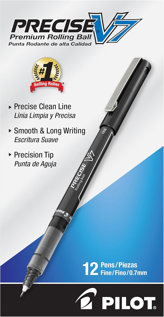 Pilot, Precise V7, Capped Liquid Ink Rollerball Pens, Fine Point 0.7 mm, Black Ink Pens, Pack of 12 - Ideal for School, Journaling & Office Writing