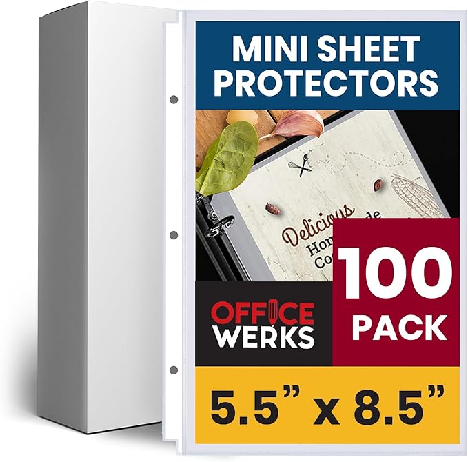Heavyweight Sheet Protectors 5.5 x 8.5, 100 Pack Clear Mini Page Protectors, Top Load, Reinforced Holes, Acid-Free for 3-Ring Binders - Office Werks