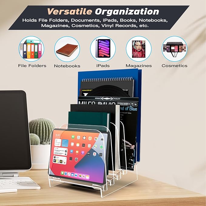 File Holder File Sorter, Vertical File Organizer for Desk, Desk Top File Folder Organizer Stand, Acrylic File Rack File Folder Holder, 5 Sections Clear File Stand for Office, School, Home