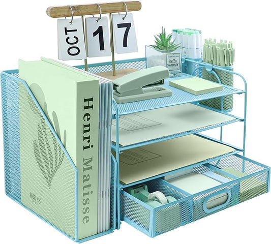 4 Tier Desk File Organiser with Extra Vertical File Sorter, Paper Letter Tray with Top Stationery Drawer Holder, A4 Paper Desktop Filing Trays, Magazine Document Holder for Home Office, Sky Blue