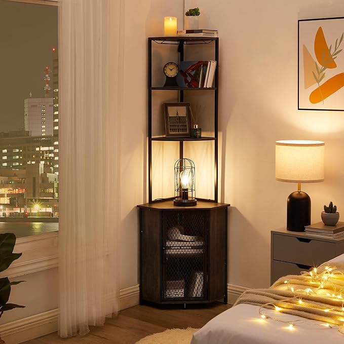VECELO Corner Cabinet, Tall Storage Shelf, Bookshelf Display Shelves Rack for Living Room, Kitchen, Balcony, Small Space