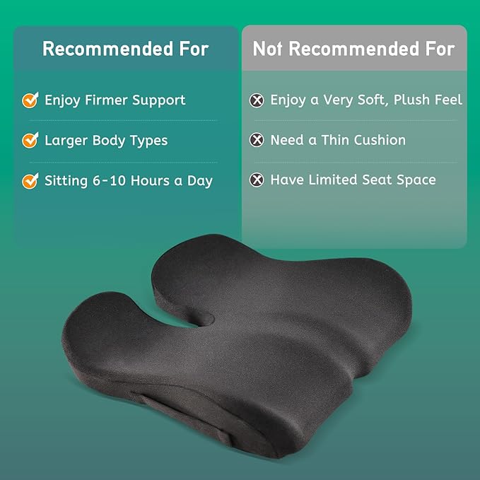 Firm Support Seat Cushion for Long Sitting, Ergonomic Memory Foam with Coccyx Cut-Out, Stable Pressure Distribution for Office Chair, Gaming & Daily Home Seating, Non-Slip Bottom, Washable Cover