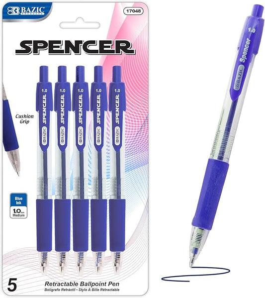 BAZIC PRODUCTS Gel Pens, Spencer Retractable Gel Pen, 1.0 mm Bold Tip for Smooth Writing for Office, School, or Teacher Use, Premium Writing Pens (5/Pack), 144-Packs