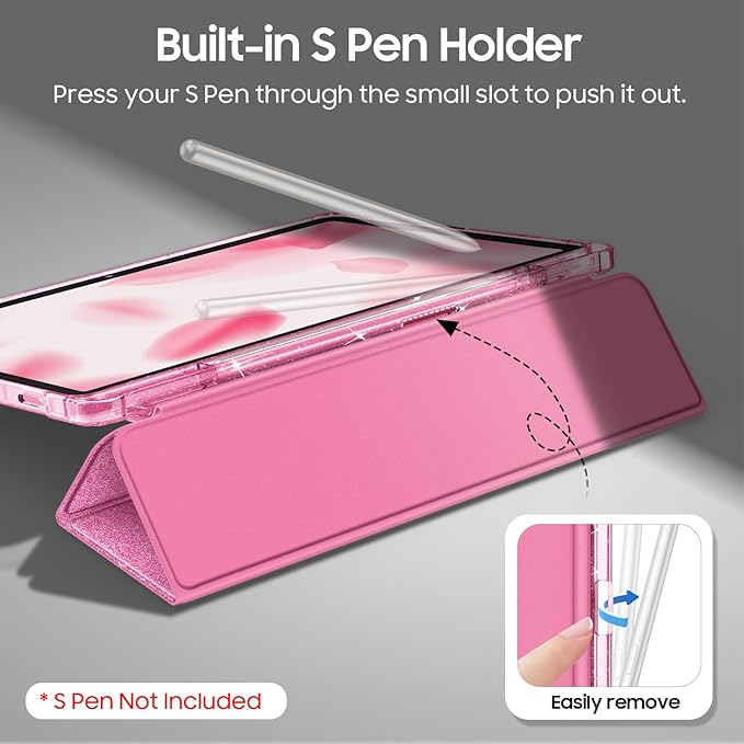 Fintie Slim Case for Samsung Galaxy Tab S10 Lite/ S10 FE/ S9 FE 5G 10.9 Inch/Tab S9 11 Inch with S Pen Holder, Glittering Sparkly Shockproof Cover with Shiny Clear Back Shell, Auto Wake/Sleep, Pink