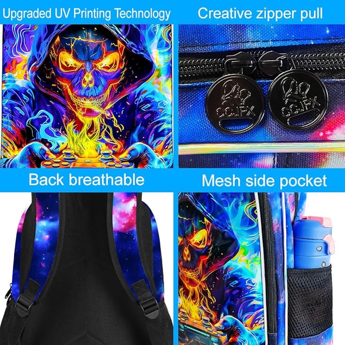 KLFVB 3PCS Bookbag for Boys, 17" Kids Gaming School Backpack and Lunch Box, Water Resistant Backpack for Teenagers Middle Elementary - Skull Game