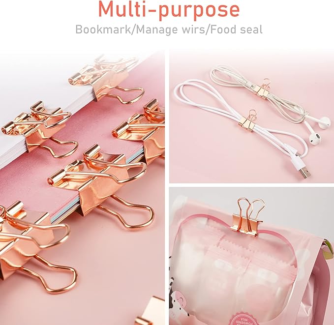 97 PCS Office Supplies for Women, Paper Clips, Binder Clips and Push Pins Set, Paperclips Thumb Tacks School and Home Desk Supplies, Desk Organized (Rose Gold)