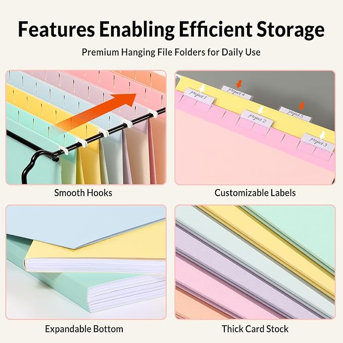 SUNEE 6 Pack Hanging File Folders,Hanging File Folders Letter Size with 1/5-cut Tabs, Assorted Macaron Colors Folders,Stay Organized for Your Home and Office Bulk File and Documents