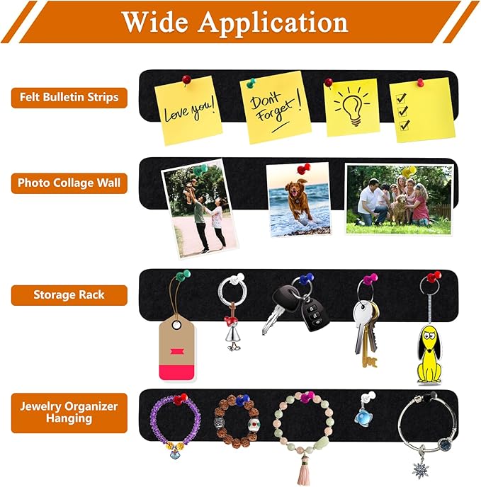 8Pcs Rectangle Felt Cork Board Bar Strips with 35 Pushpins, Self-Adhesive Bulletin Board Strips for Office School Home Wall Decor Stickers Memos Schedules Photos Display -Black