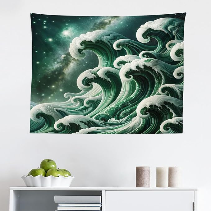 Ambesonne Green Tapestry, Bold Marble Print Ocean Waves with a Realistic Galaxy Space Starry Sky Illustration, Fabric Wall Hanging Decor for Bedroom Living Room Dorm, 28" X 23", Dark Teal