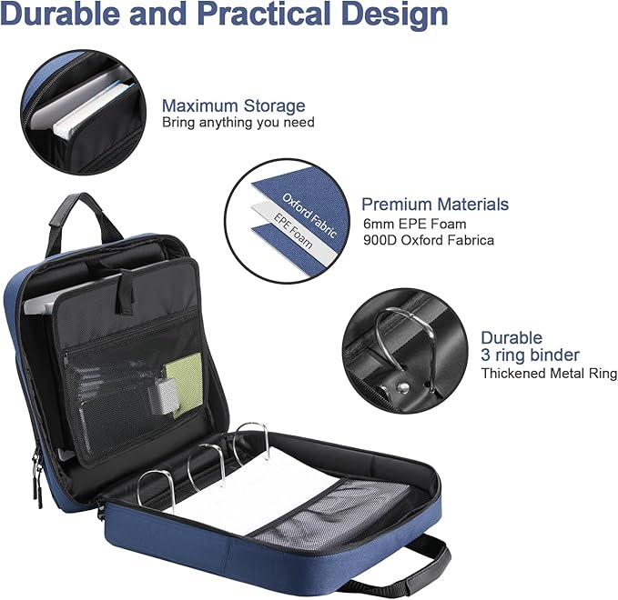 4 Inch 3 Ring Zipper Binder D-Ring, Binder with Strap 800 Sheet Capacity & Multi-Pockets School and Office Binder Organizer, Compatible with 13-Inch MacBook(Patent Design Dark Blue)