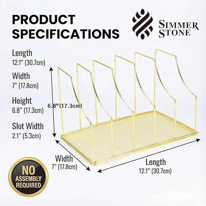 Simmer Stone Gold Binder Organizer for Desk, 5 Slot Metal Wire Vertical File Sorter with Mesh Bottom, Large Desktop Magazine Holder Rack for 2 Inch Binders, Medical Coding Books, Vinyl Records, 12.1"